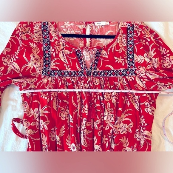 Beach Lunch Lounge Bell Peasant Top Border Dress Red Floral Size M - Picture 8 of 11